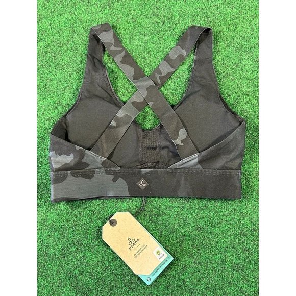 Prana Layna Bra Black Camo Strappy V Neck Sports Bra NEW Size XS - Picture 2 of 9